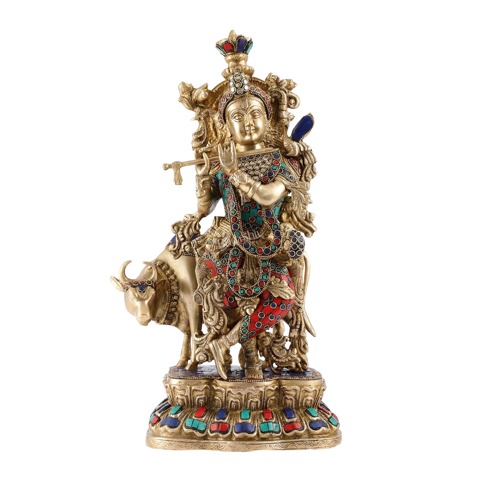 Handcrafted Divine Brass Krishna with cow Statue 17 inch - Budhshiv.com