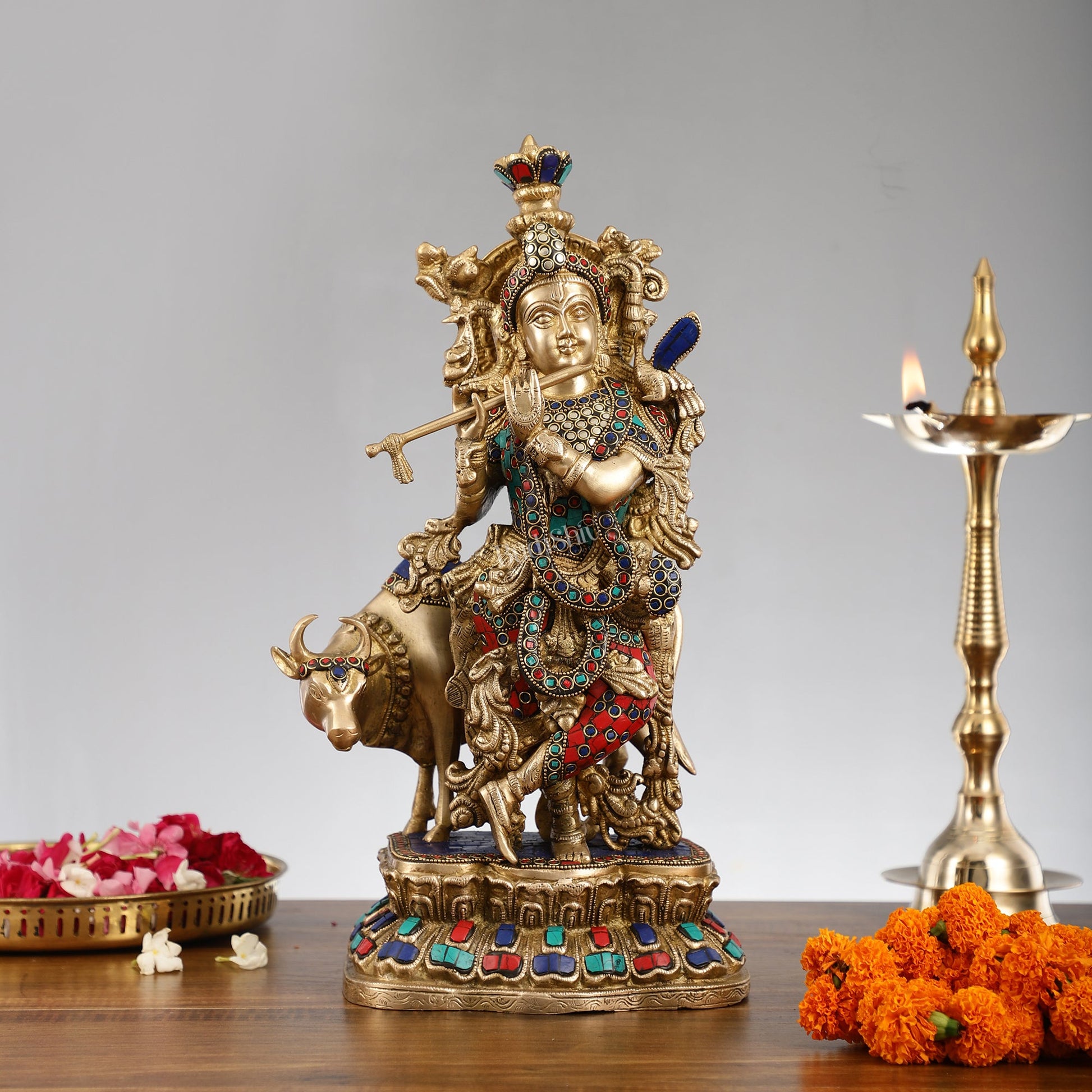 Handcrafted Divine Brass Krishna with cow Statue 17 inch - Budhshiv.com