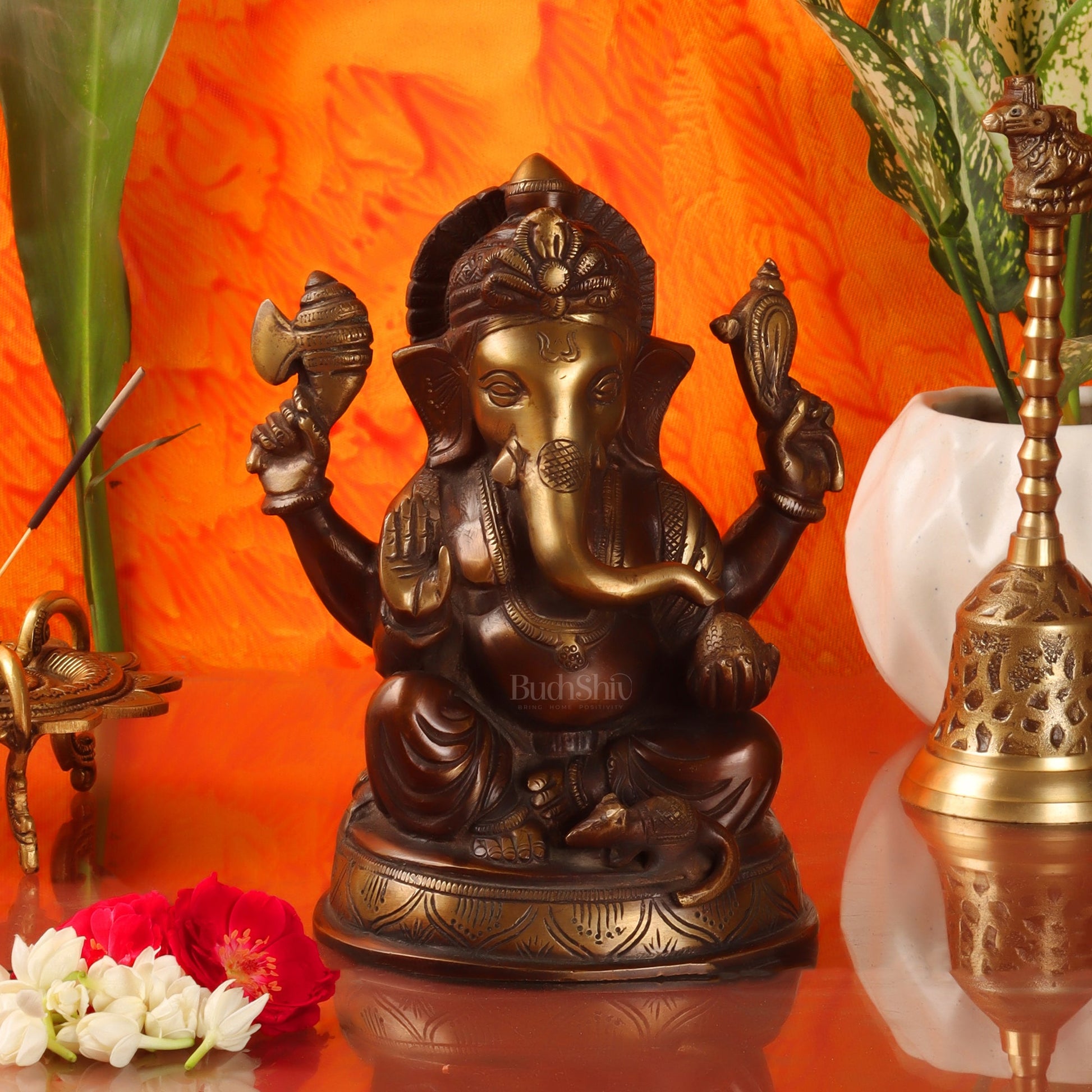 Handcrafted Fine Brass Ganesha Idol | Duel Tone Chocolate and Golden | Height 8 inches - Budhshiv.com