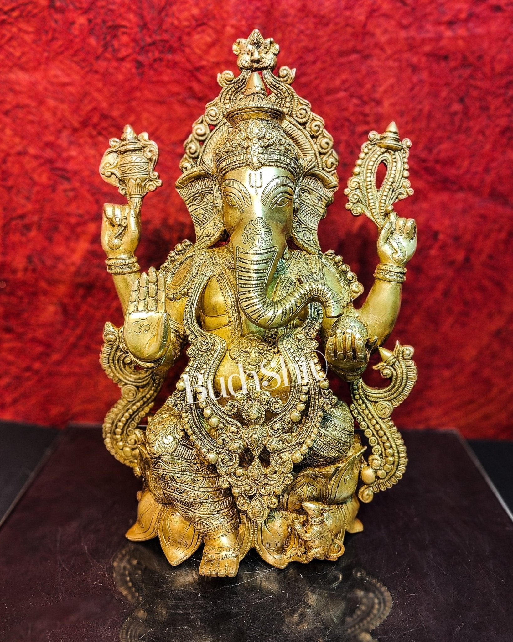 Handcrafted Fine Brass Ganesha Idol with Mouse 21" - Budhshiv.com