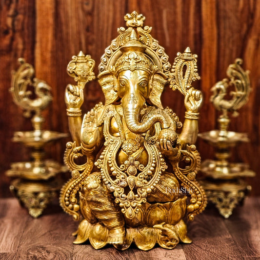 Handcrafted Fine Brass Ganesha Idol with Mouse and Detailed Jewelry 21" - Budhshiv.com