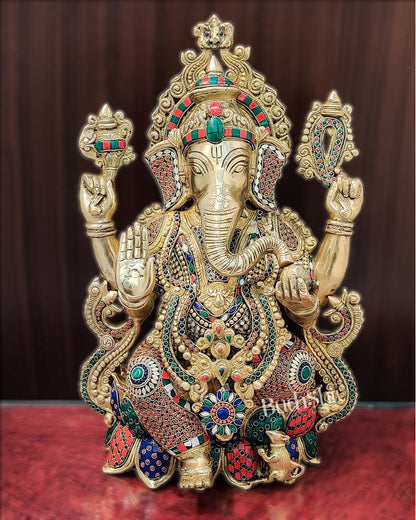 Handcrafted Fine Brass Ganesha Idol with Mouse and Natural Stones 21" - Budhshiv.com