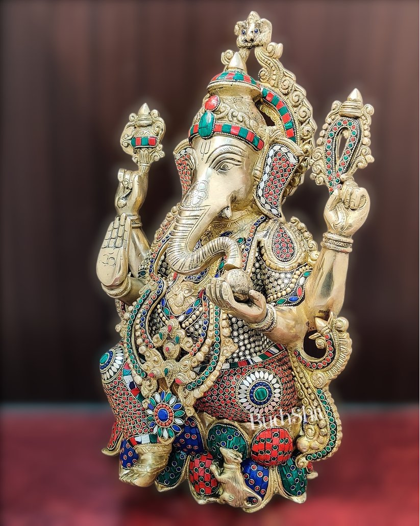 Handcrafted Fine Brass Ganesha Idol with Mouse and Natural Stones 21" - Budhshiv.com