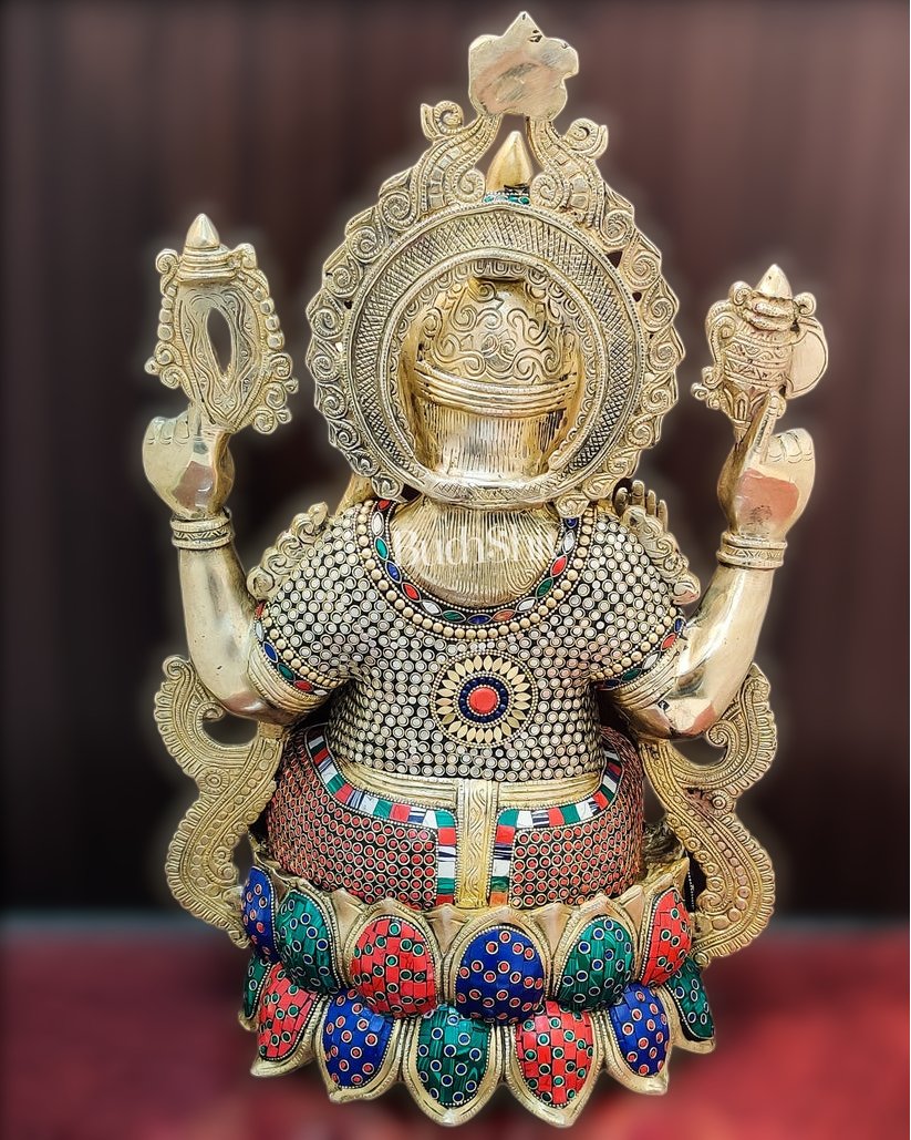 Handcrafted Fine Brass Ganesha Idol with Mouse and Natural Stones 21" - Budhshiv.com