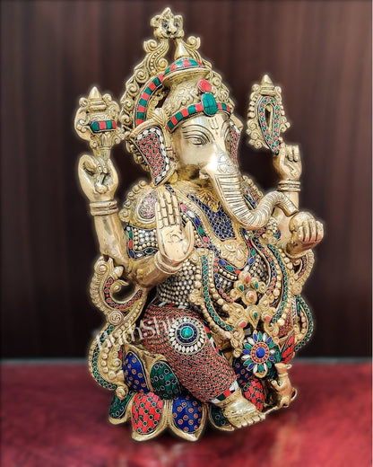 Handcrafted Fine Brass Ganesha Idol with Mouse and Natural Stones 21" - Budhshiv.com