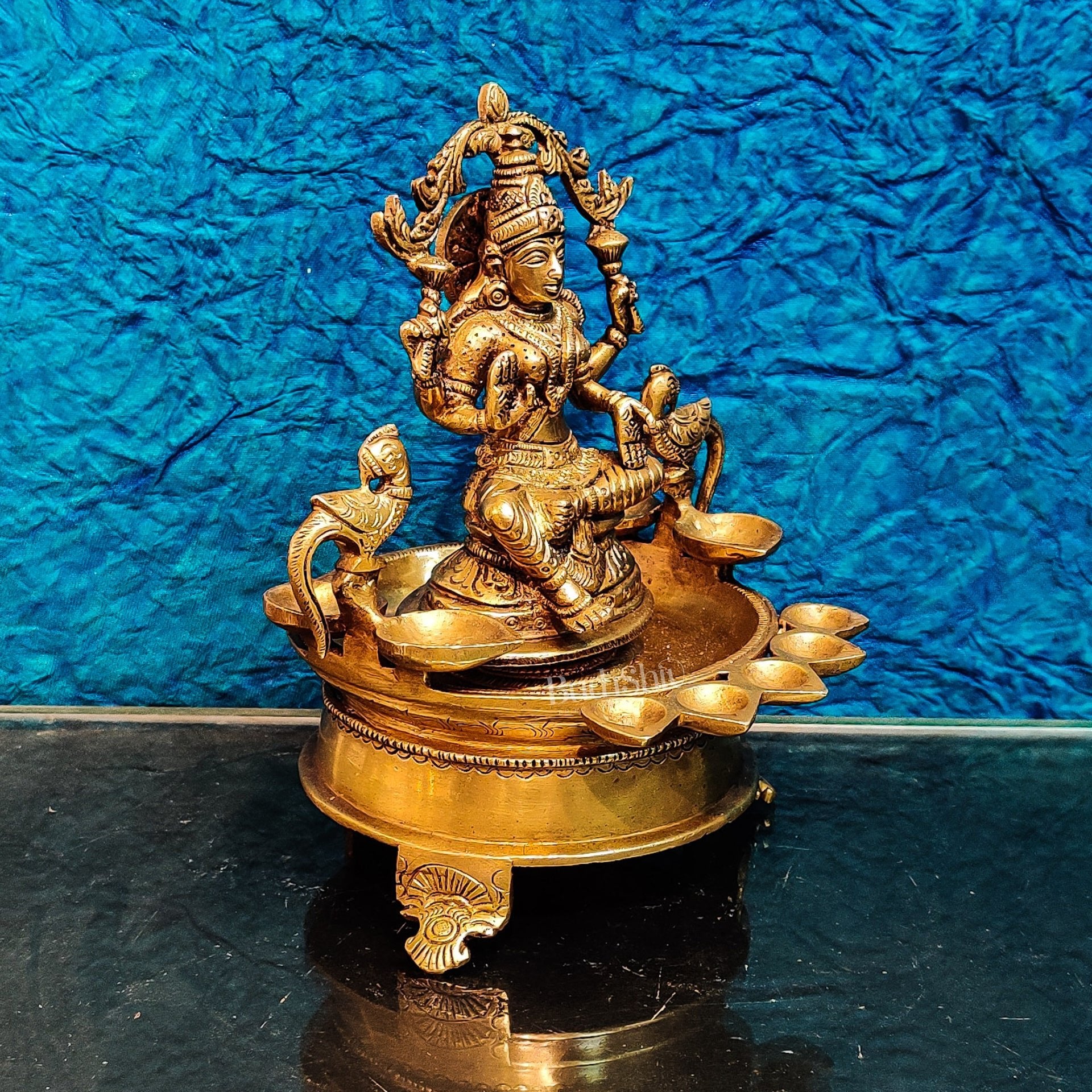 Handcrafted Fine Brass Goddess Lakshmi with Annam Lakshmi and Diya Bowl | 10" Height - Budhshiv.com