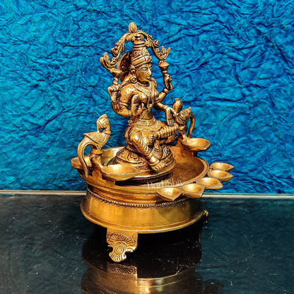 Handcrafted Fine Brass Goddess Lakshmi with Annam Lakshmi and Diya Bowl | 10" Height - Budhshiv.com