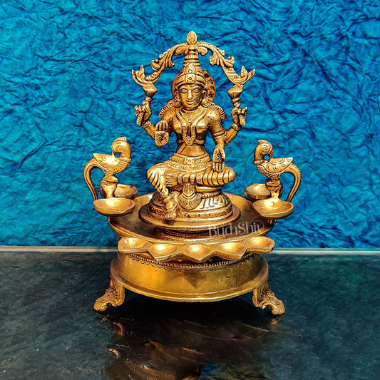 Handcrafted Fine Brass Goddess Lakshmi with Annam Lakshmi and Diya Bowl | 10" Height - Budhshiv.com
