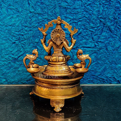 Handcrafted Fine Brass Goddess Lakshmi with Annam Lakshmi and Diya Bowl | 10" Height - Budhshiv.com