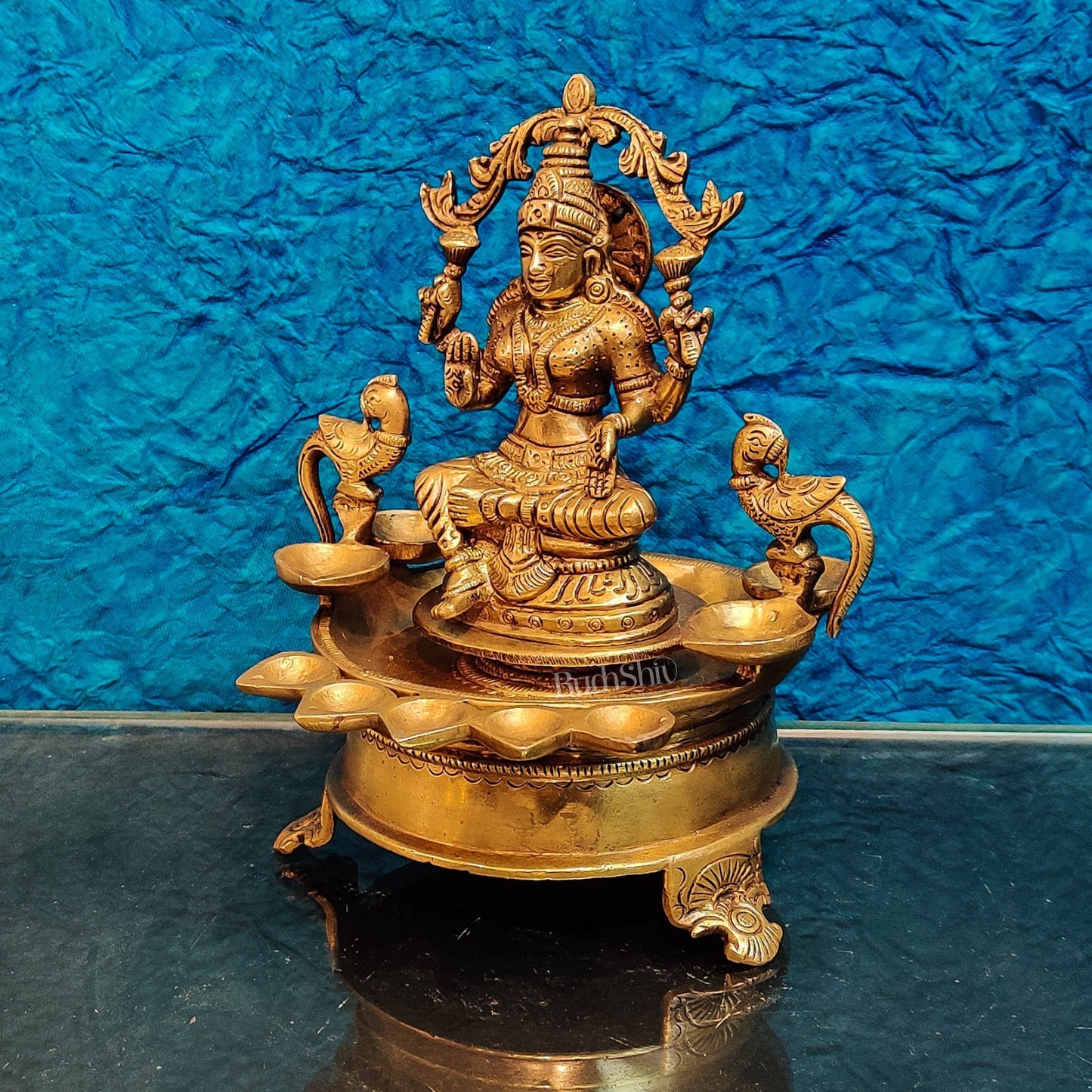 Handcrafted Fine Brass Goddess Lakshmi with Annam Lakshmi and Diya Bowl | 10" Height - Budhshiv.com