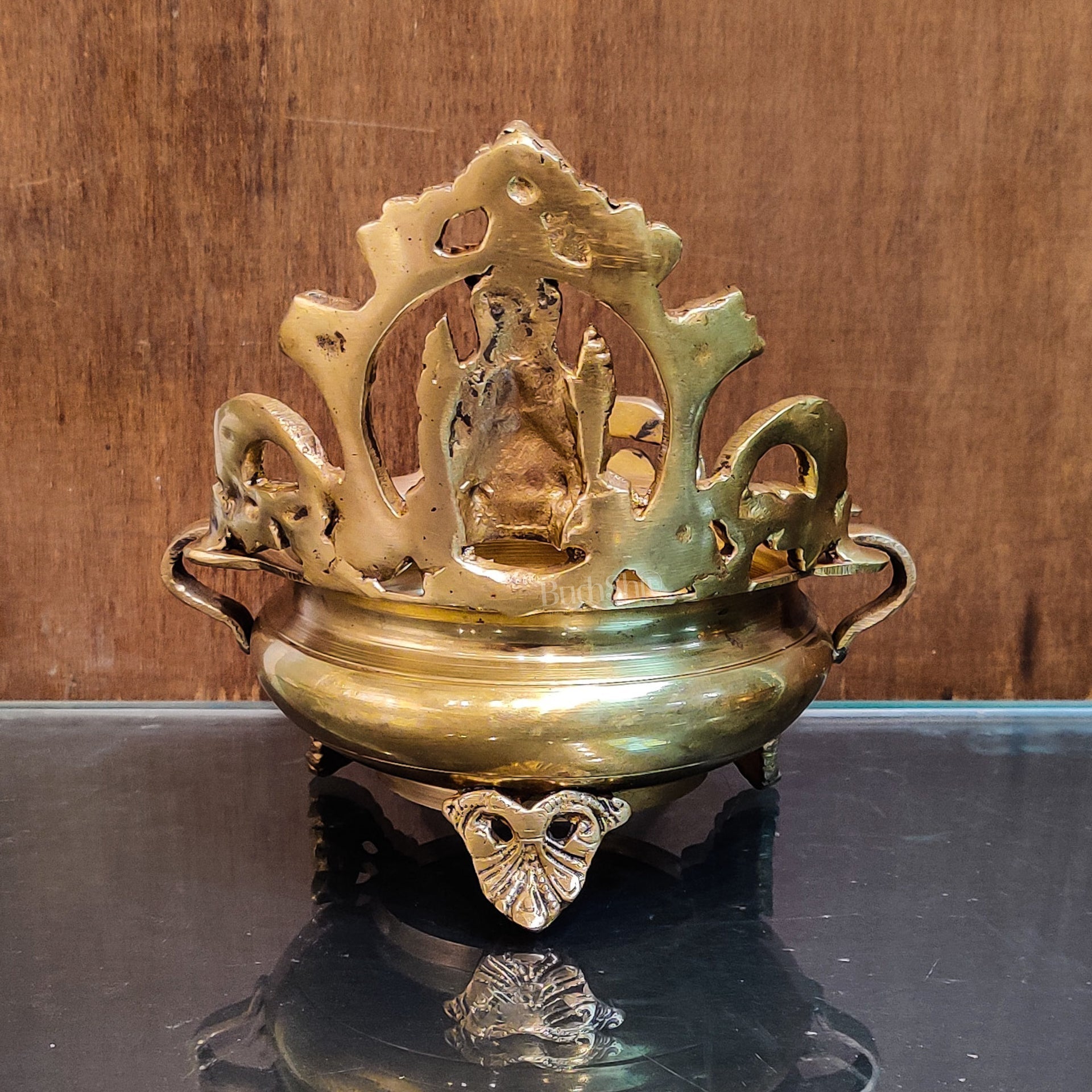 Handcrafted Fine Brass Lakshmi Statue on Decorative Urli with Floral Design 7" - Budhshiv.com