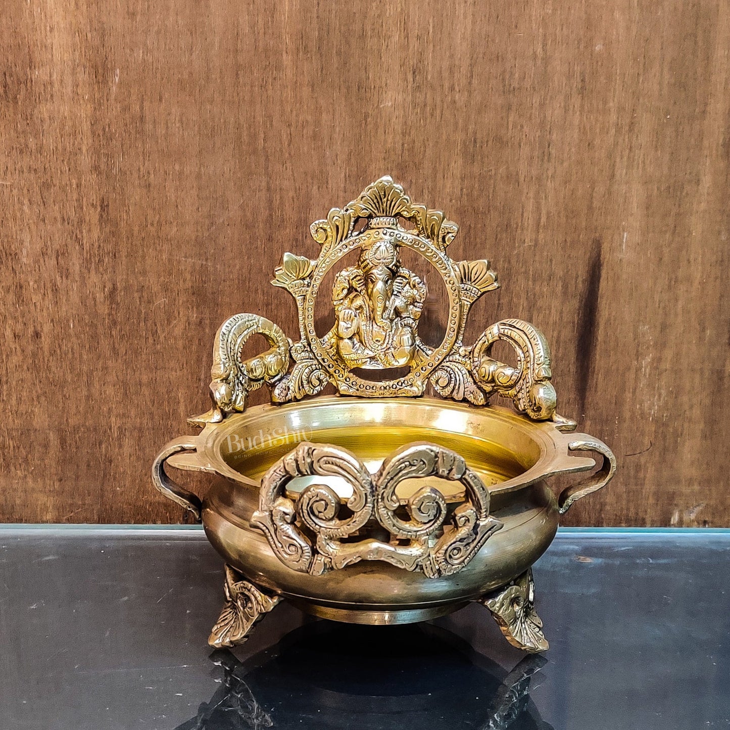 Handcrafted Fine Brass Lord Ganesha on Beautiful Urli - 7 inches - Budhshiv.com