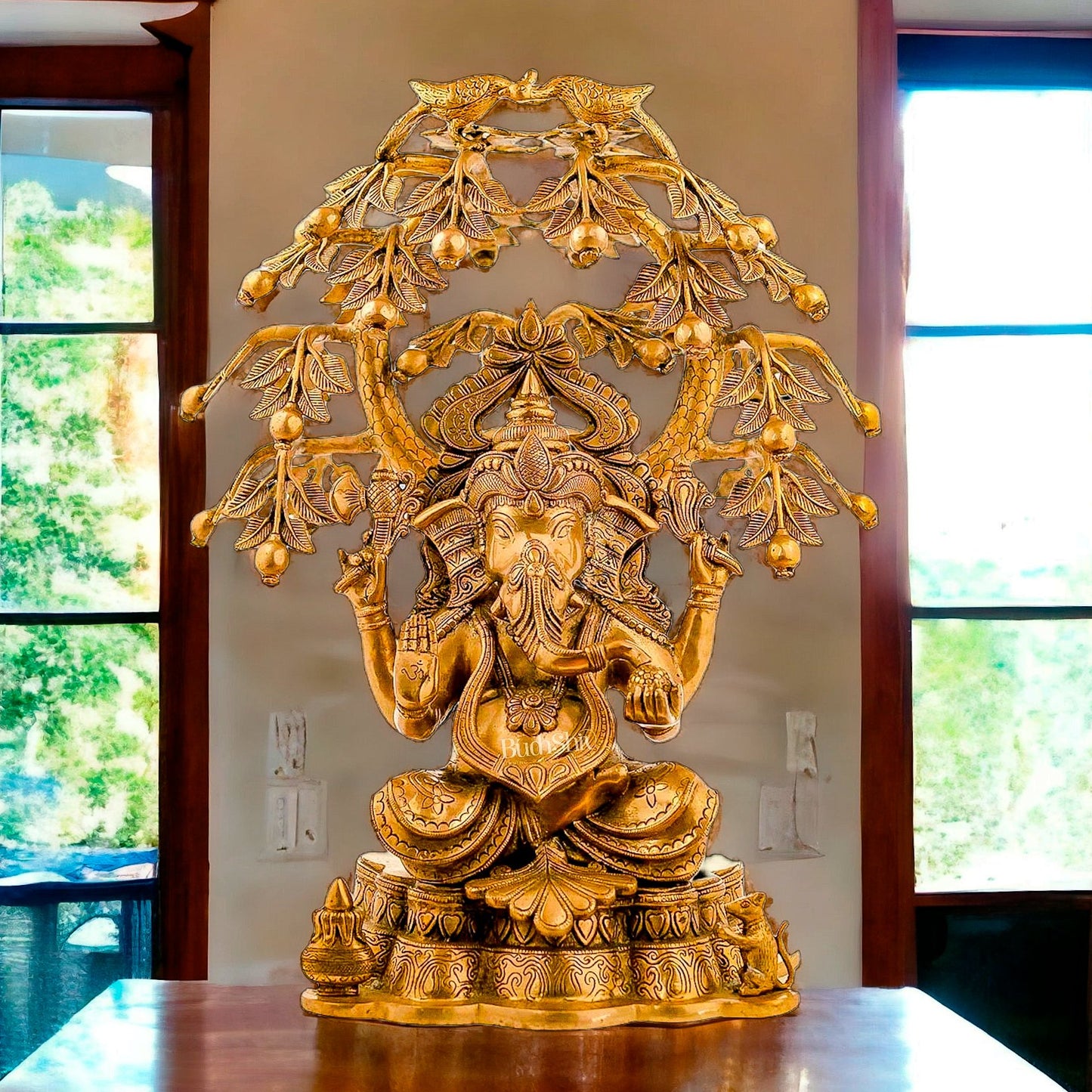 Handcrafted Fine Brass Lord Ganesha under Mango Tree - 24 inches - Budhshiv.com