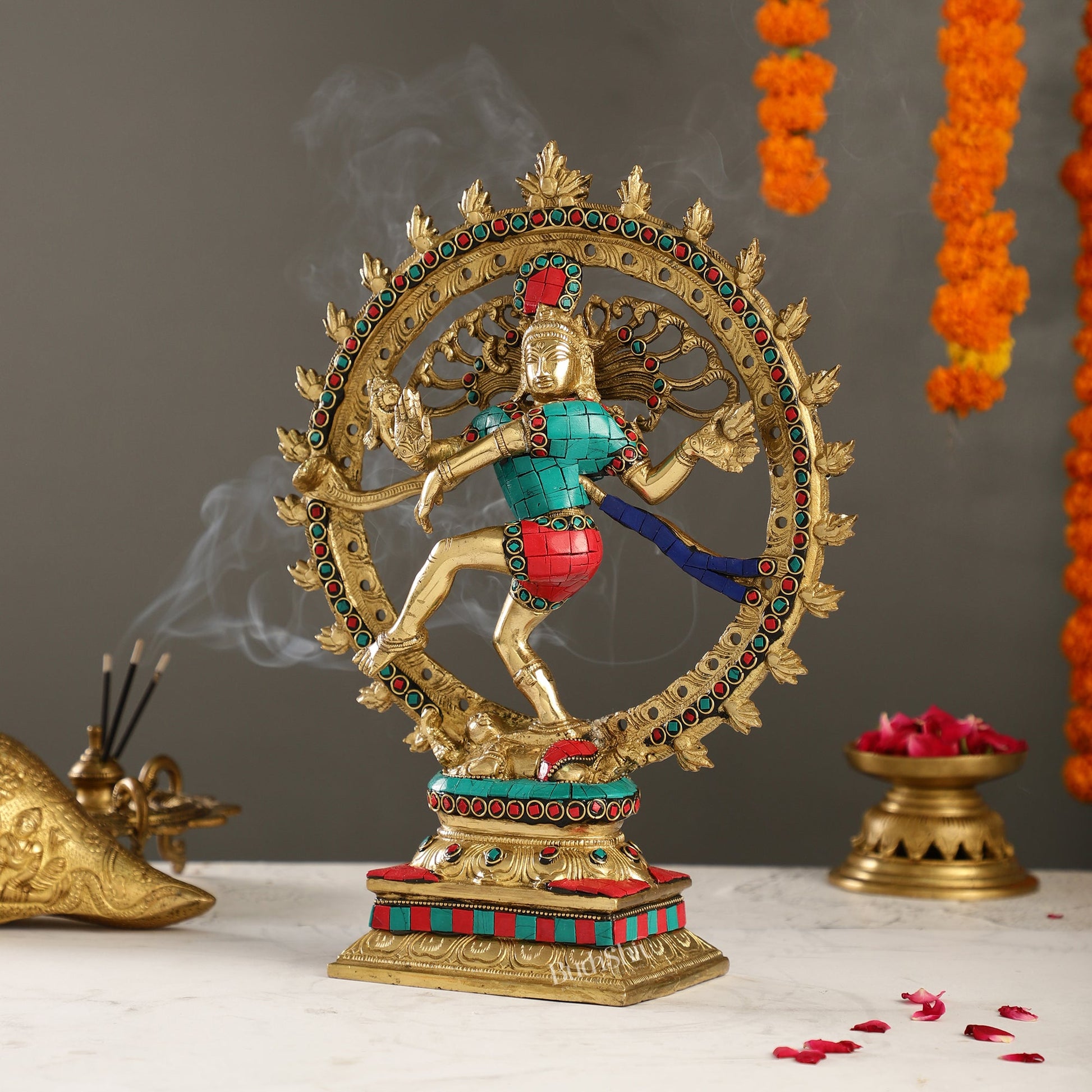 Handcrafted Fine Brass Nataraja Statue - 13" Height with stonework - Budhshiv.com