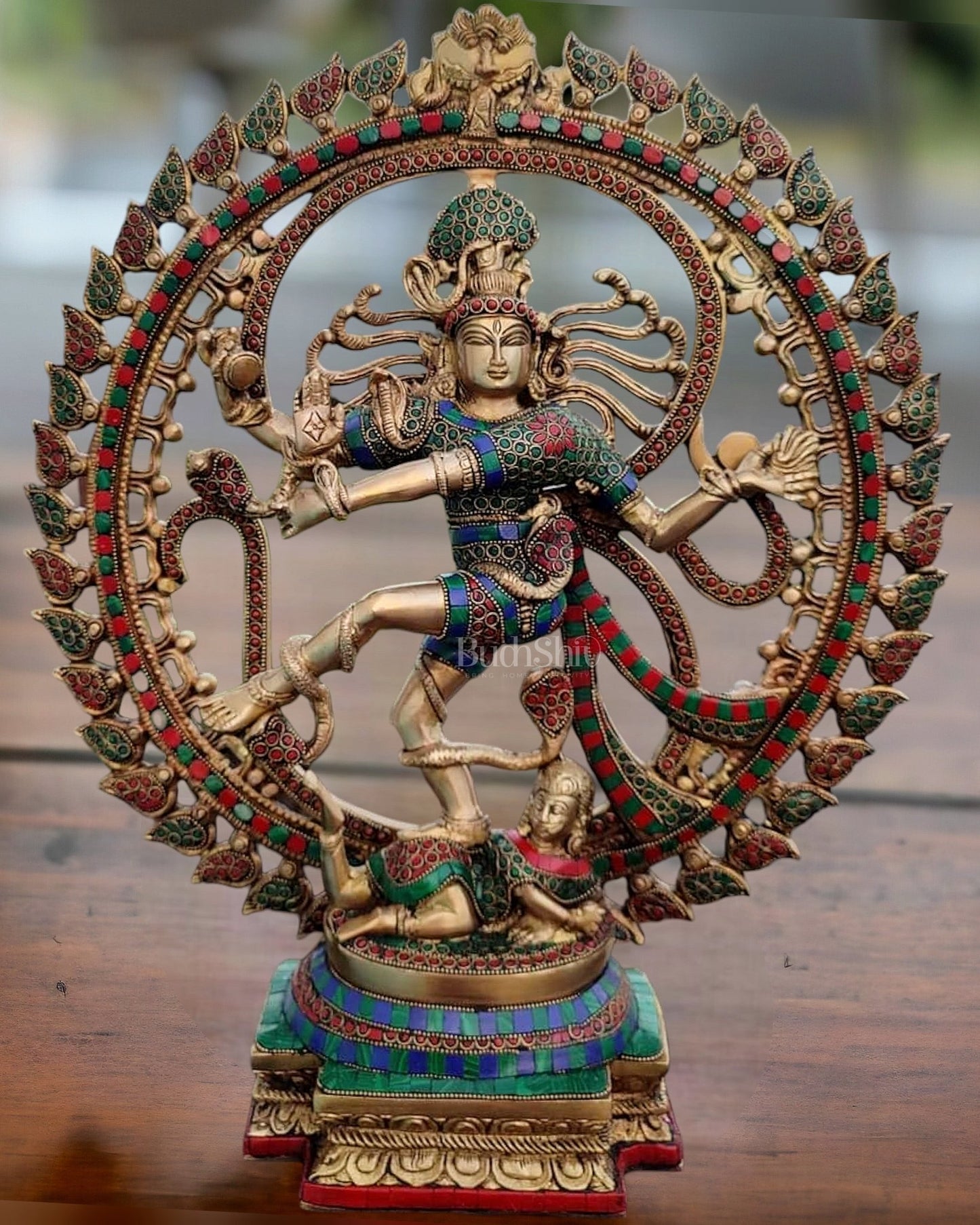 Handcrafted Fine Brass Nataraja Statue with Stonework - 20.5" Height - Budhshiv.com