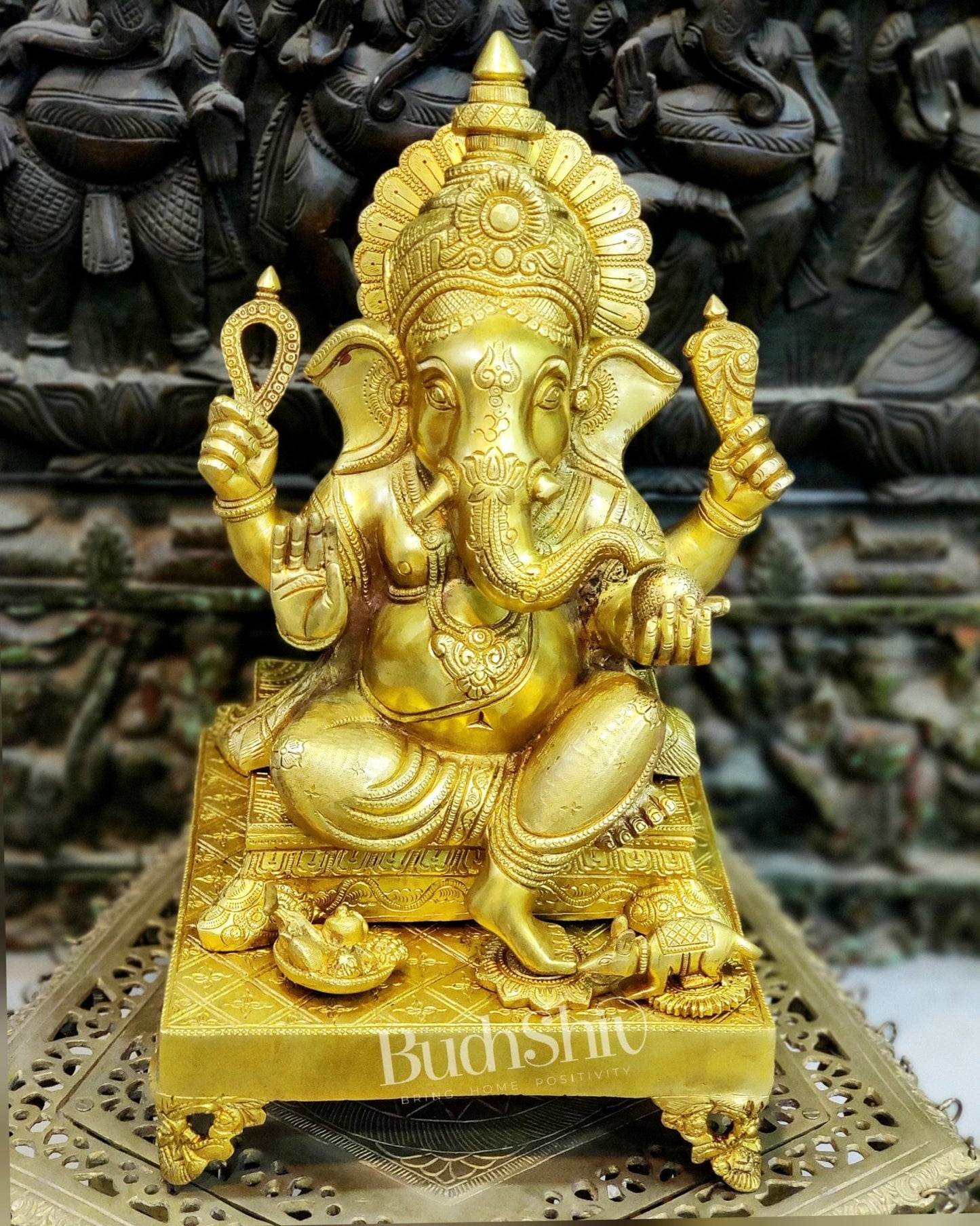 Handcrafted Ganapathi on Engraved Chowki, 20" Height - Budhshiv.com