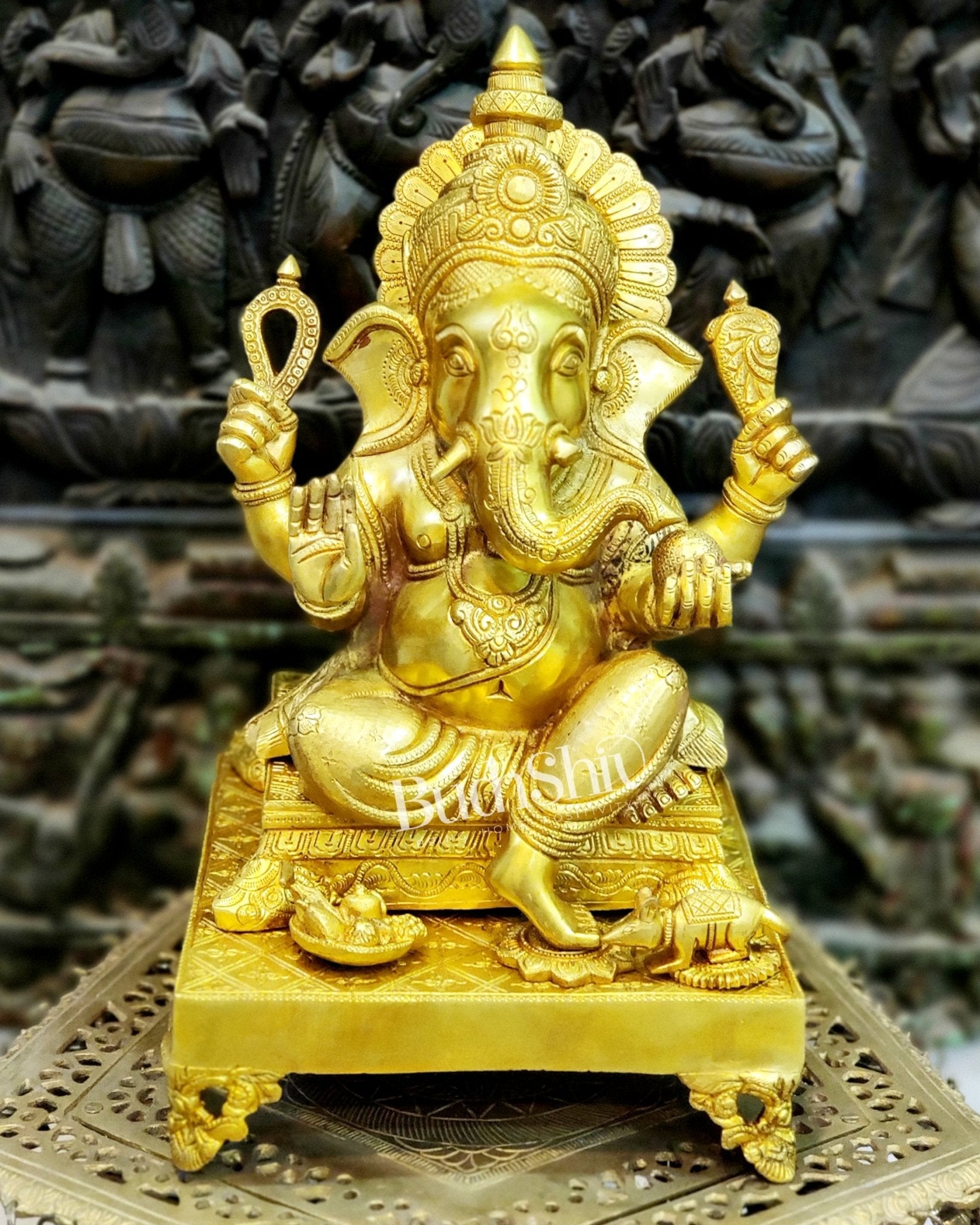 Handcrafted Ganapathi on Engraved Chowki, 20" Height - Budhshiv.com