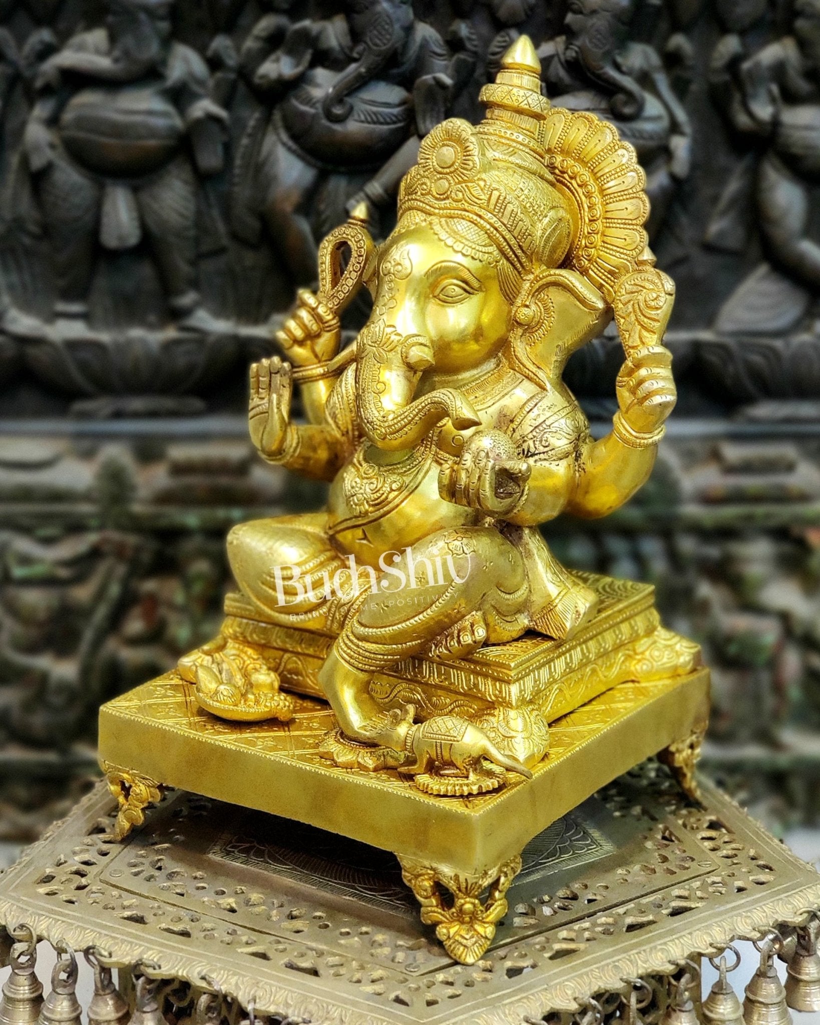 Handcrafted Ganapathi on Engraved Chowki, 20" Height - Budhshiv.com