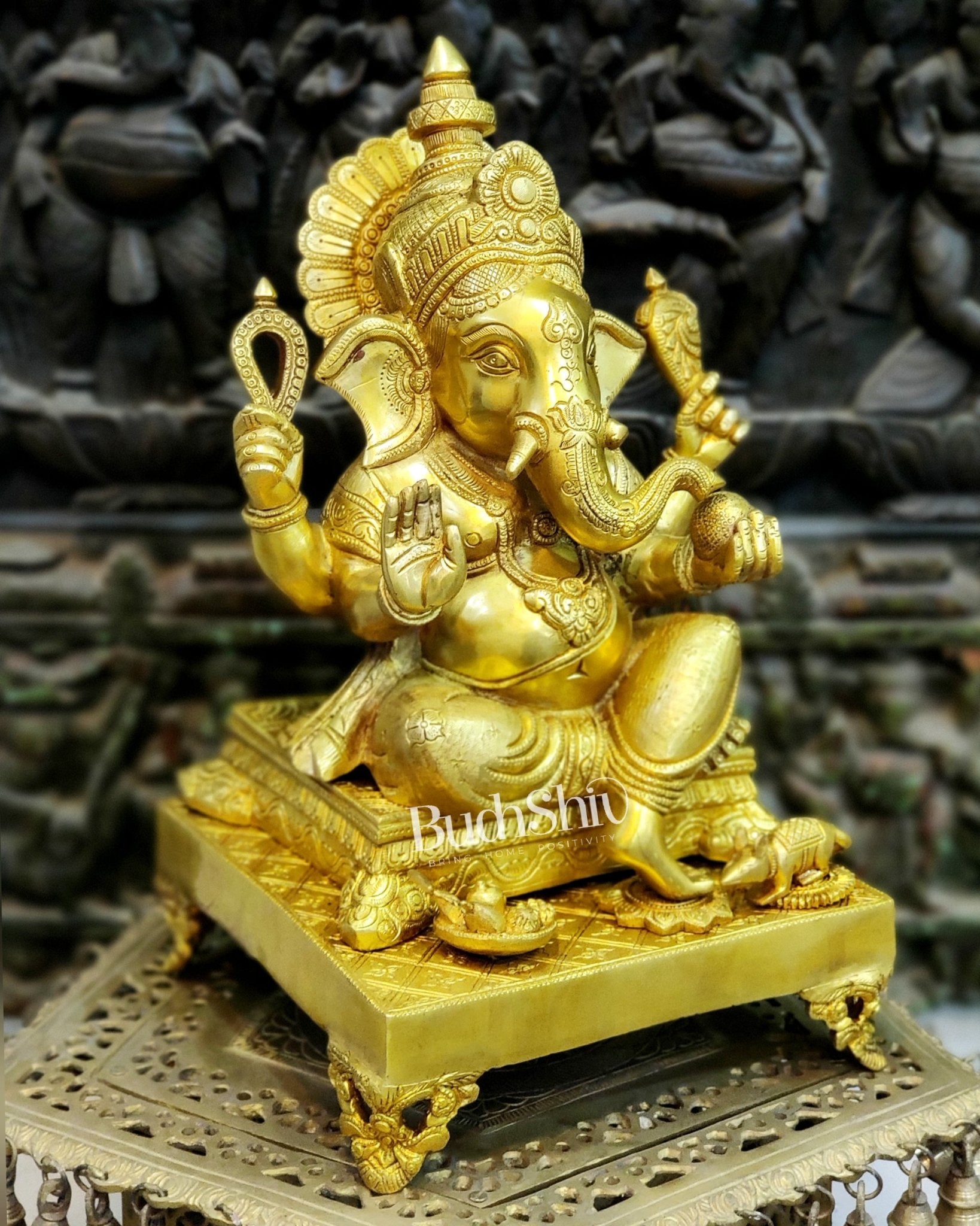 Handcrafted Ganapathi on Engraved Chowki, 20" Height - Budhshiv.com