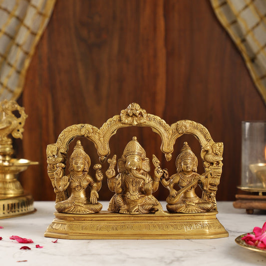 Handcrafted Ganesha Lakshmi Saraswati on Platform with Prabhavali Frame 7" antique finish - Budhshiv.com