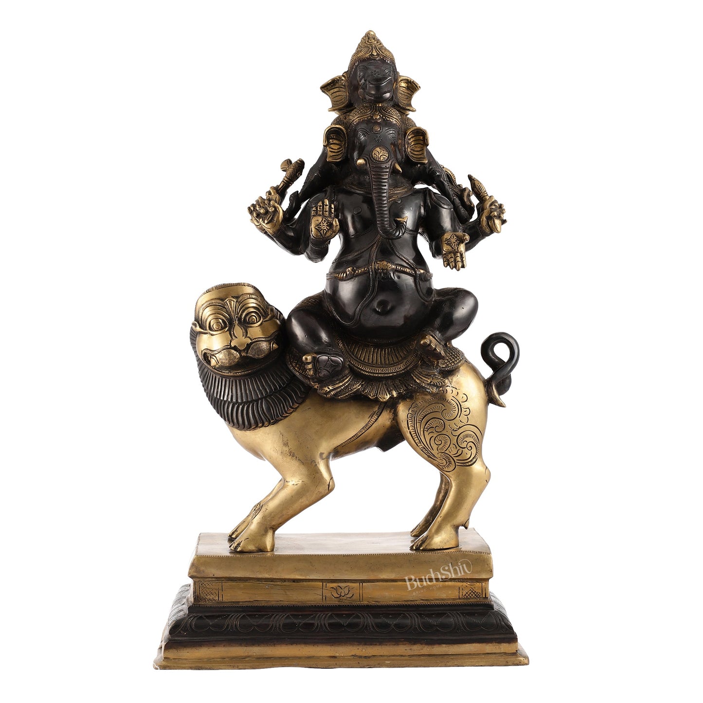 Handcrafted Heramba Ganapati Statue | Fine Brass | Black and Golden Finish - Budhshiv.com