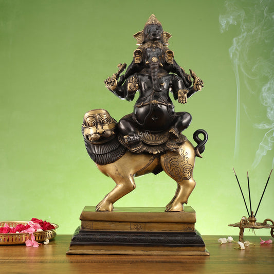 Handcrafted Heramba Ganapati Statue | Fine Brass | Black and Golden Finish - Budhshiv.com