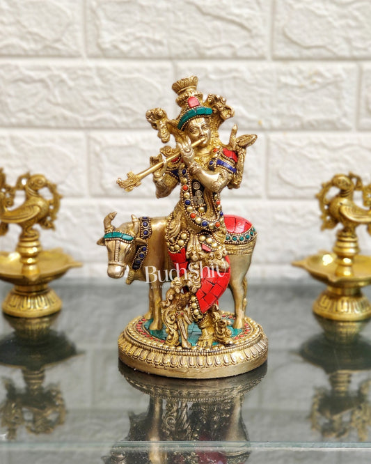 Handcrafted Krishna with Cow Brass Idol 10 inch - Budhshiv.com