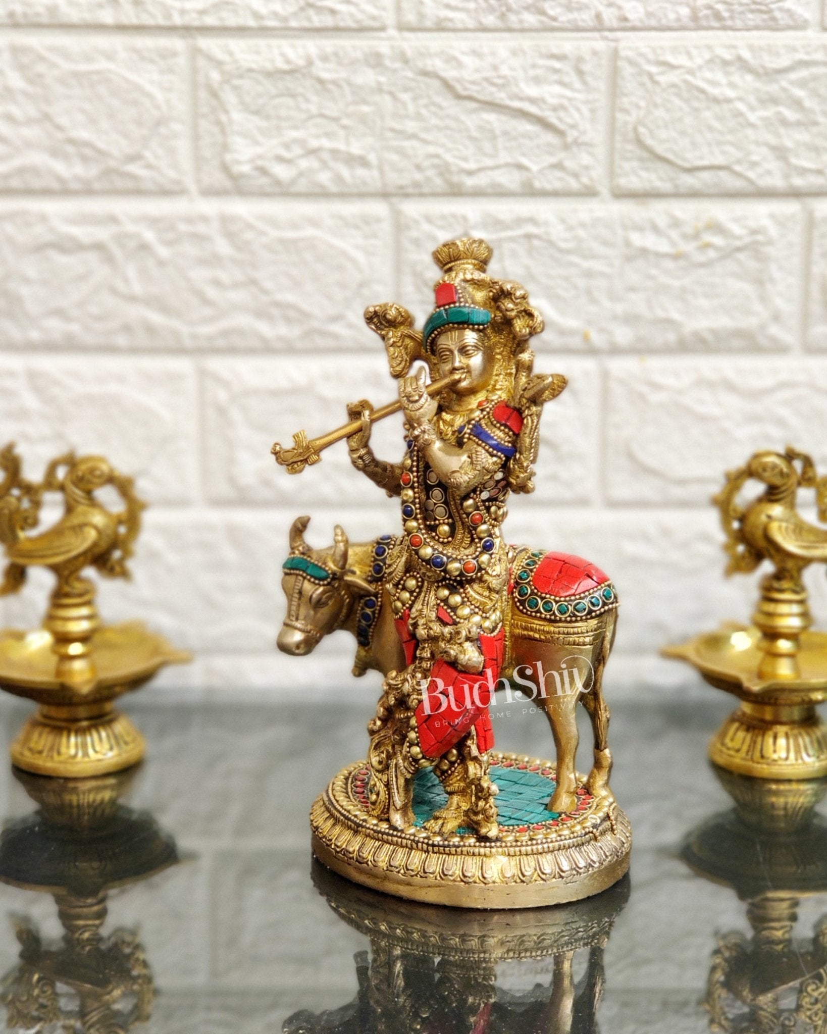 Handcrafted Krishna with Cow Brass Idol 10 inch - Budhshiv.com