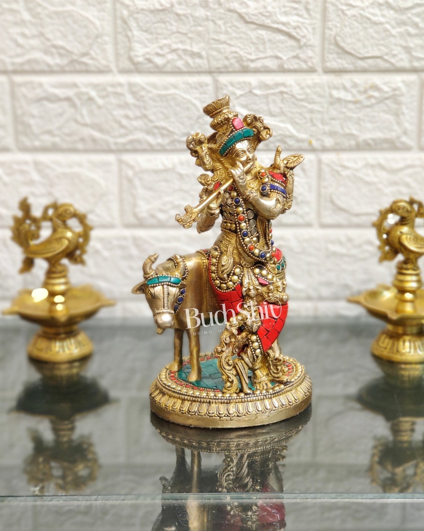 Handcrafted Krishna with Cow Brass Idol 10 inch - Budhshiv.com