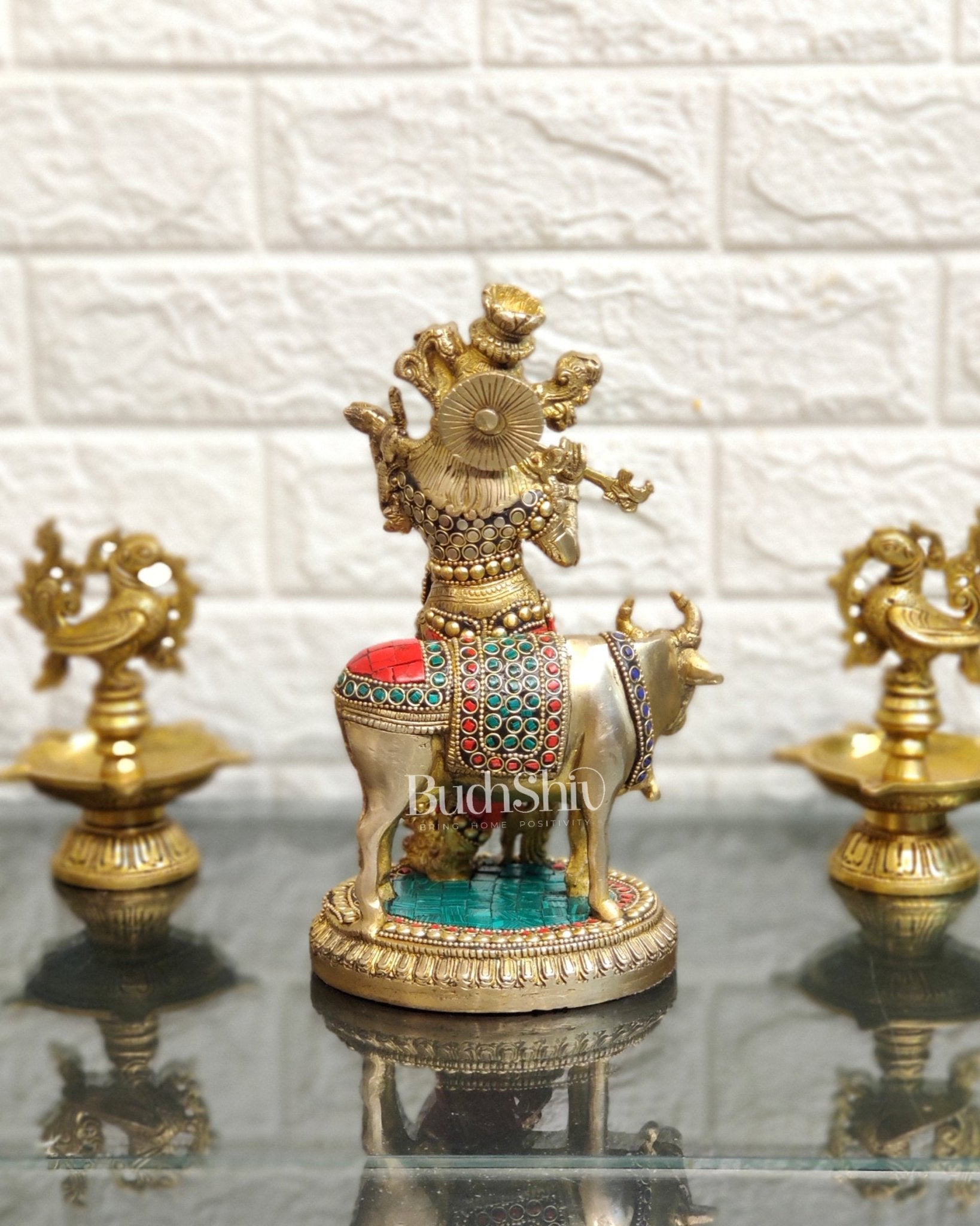 Handcrafted Krishna with Cow Brass Idol 10 inch - Budhshiv.com