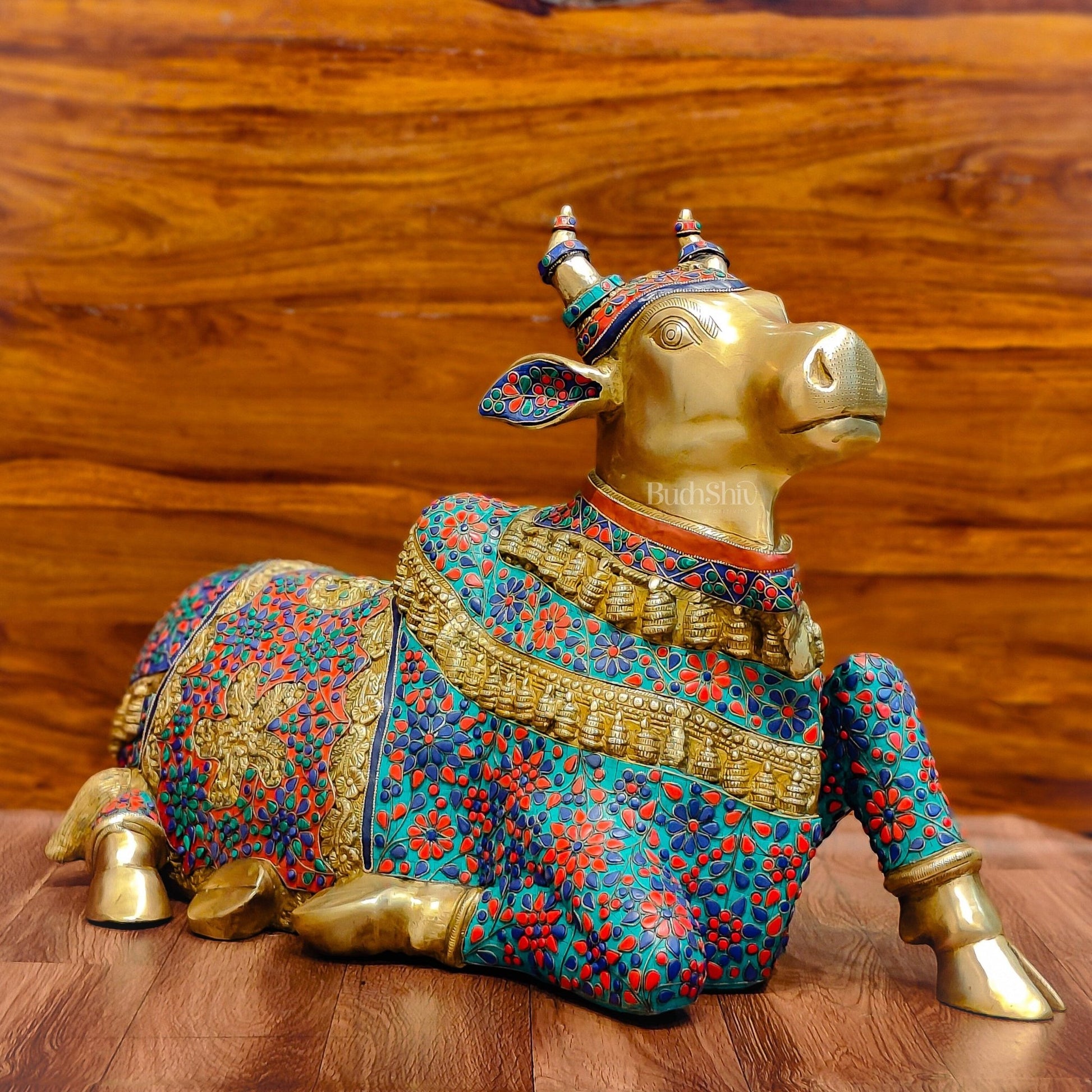 Handcrafted Large Nandi Bull Statue with Natural Stones and Pure Brass Wirework - 21x35x15 inch - Budhshiv.com