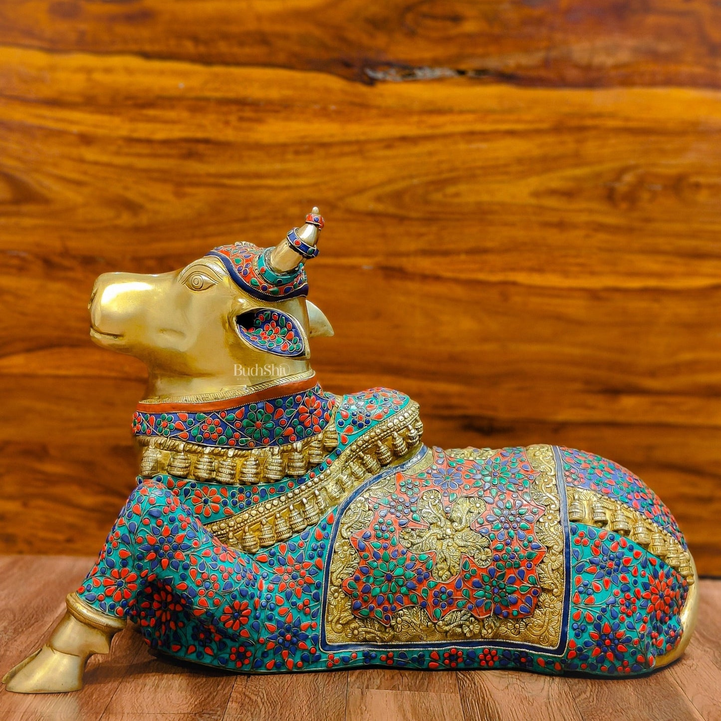 Handcrafted Large Nandi Bull Statue with Natural Stones and Pure Brass Wirework - 21x35x15 inch - Budhshiv.com