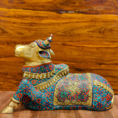 Handcrafted Large Nandi Bull Statue with Natural Stones and Pure Brass Wirework - 21x35x15 inch - Budhshiv.com