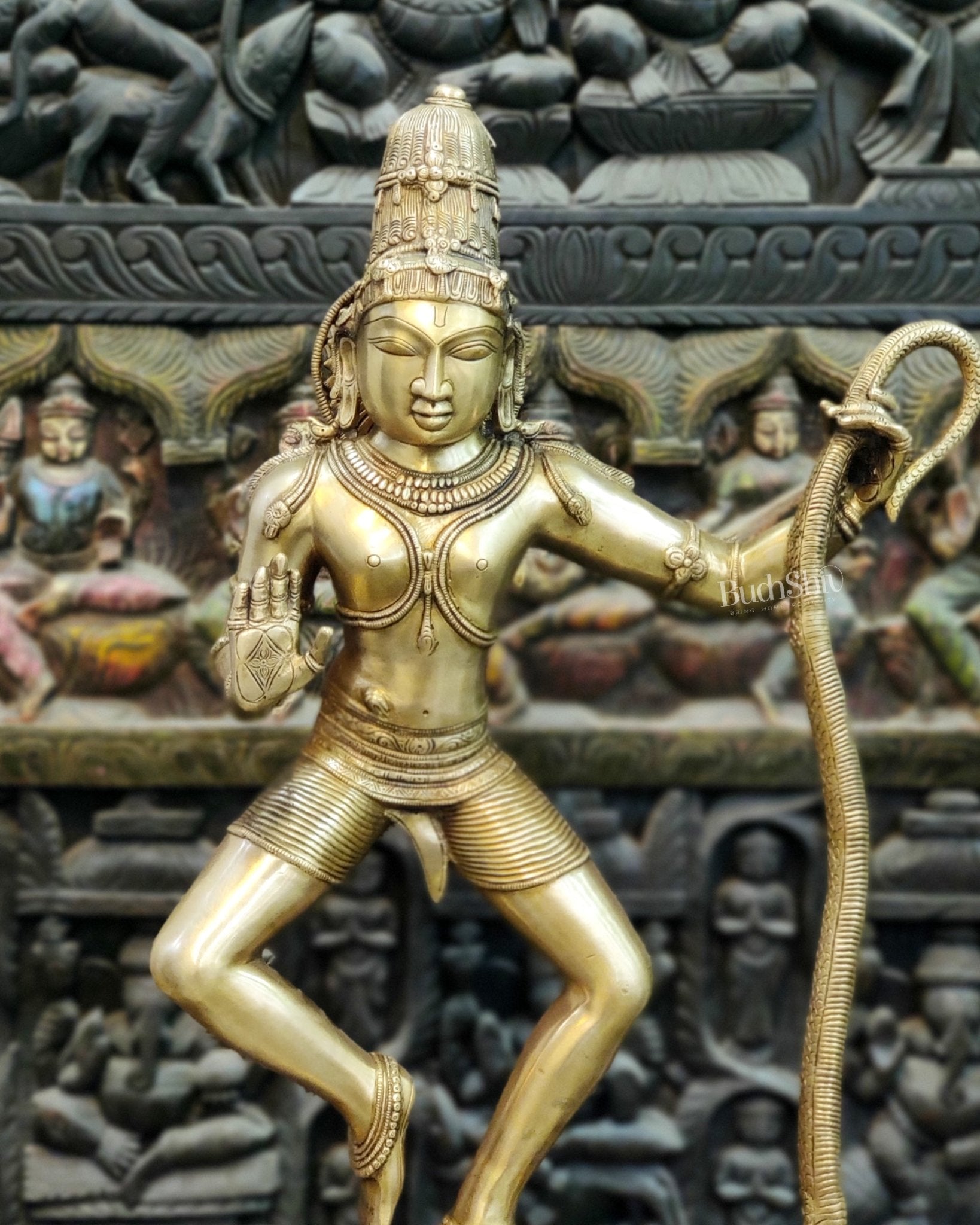 Handcrafted Large-sized Brass Krishna Dancing on Kaliya Naag - Triumph of Good over Evil 41" - Budhshiv.com
