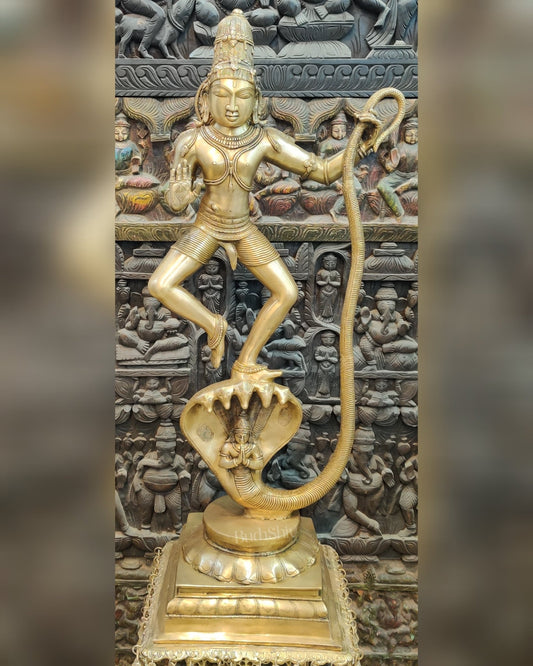 Handcrafted Large-sized Brass Krishna Dancing on Kaliya Naag - Triumph of Good over Evil 41" - Budhshiv.com