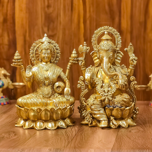 Handcrafted Lord Ganesha and Goddess Lakshmi Brass Idols 12" - Budhshiv.com
