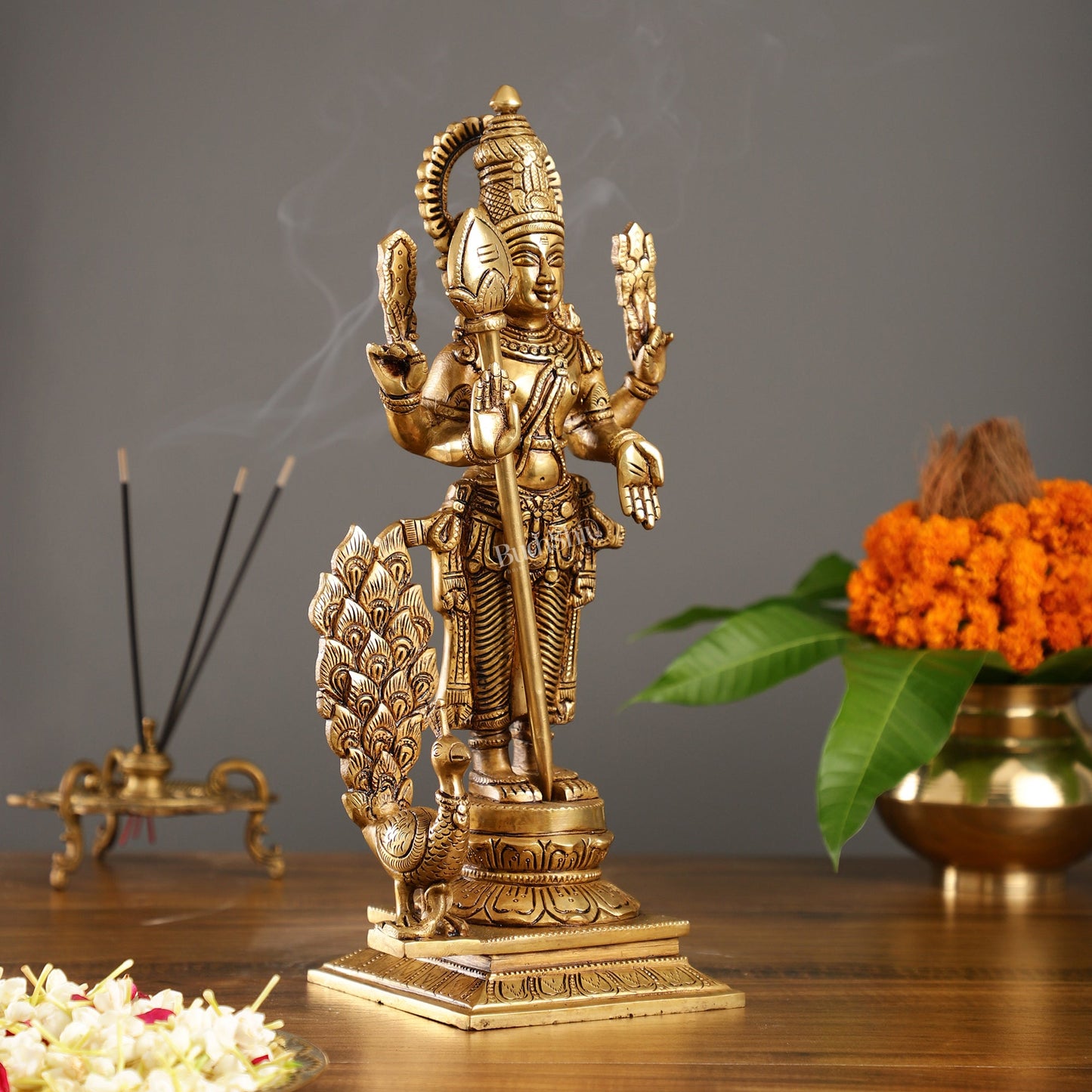 Handcrafted Lord Kartikeya Brass Statue with Peacock and Veil/Spear | Height 15 inch - Budhshiv.com