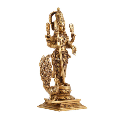 Handcrafted Lord Kartikeya Brass Statue with Peacock and Veil/Spear | Height 15 inch - Budhshiv.com