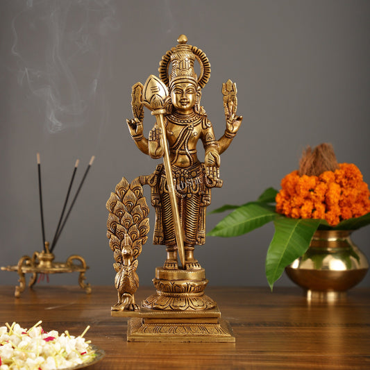 Handcrafted Lord Kartikeya Brass Statue with Peacock and Veil/Spear | Height 15 inch - Budhshiv.com