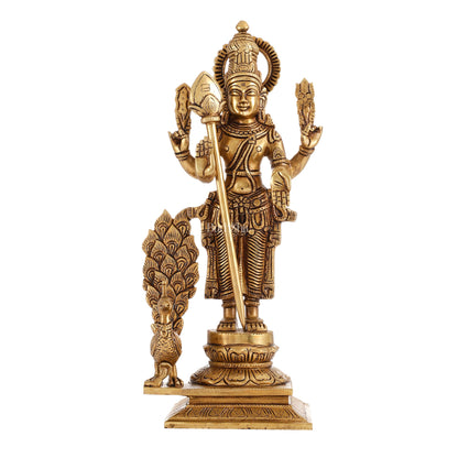 Handcrafted Lord Kartikeya Brass Statue with Peacock and Veil/Spear | Height 15 inch - Budhshiv.com