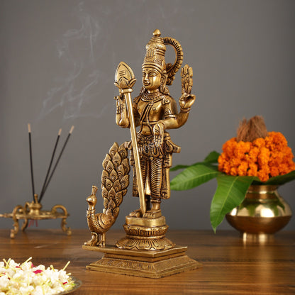 Handcrafted Lord Kartikeya Brass Statue with Peacock and Veil/Spear | Height 15 inch - Budhshiv.com