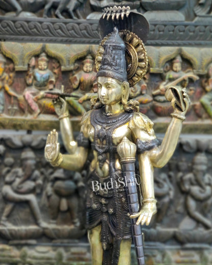 Handcrafted Lord Vishnu with Sheshanaaga Brass Idol | Divine Serenity | Ink Black and Shine Gold Finish 40" - Budhshiv.com