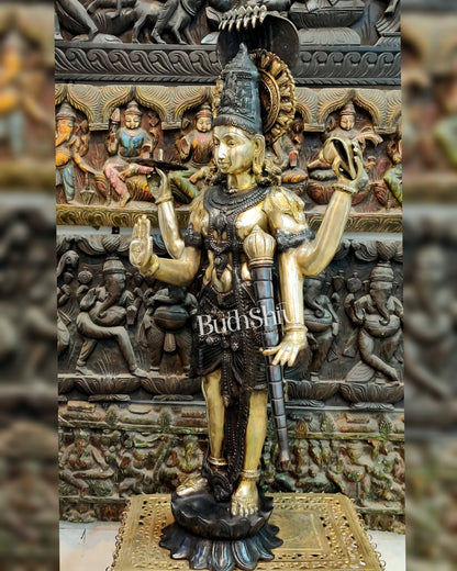 Handcrafted Lord Vishnu with Sheshanaaga Brass Idol | Divine Serenity | Ink Black and Shine Gold Finish 40" - Budhshiv.com