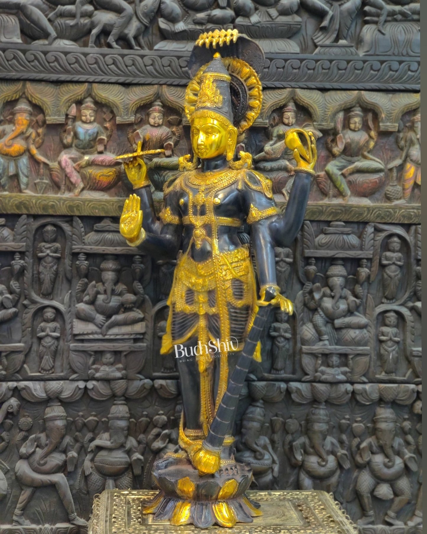 Handcrafted Lord Vishnu with Sheshanaaga Brass Idol | Divine Serenity | Ink Blue and Yellow Gold Finish 40" - Budhshiv.com