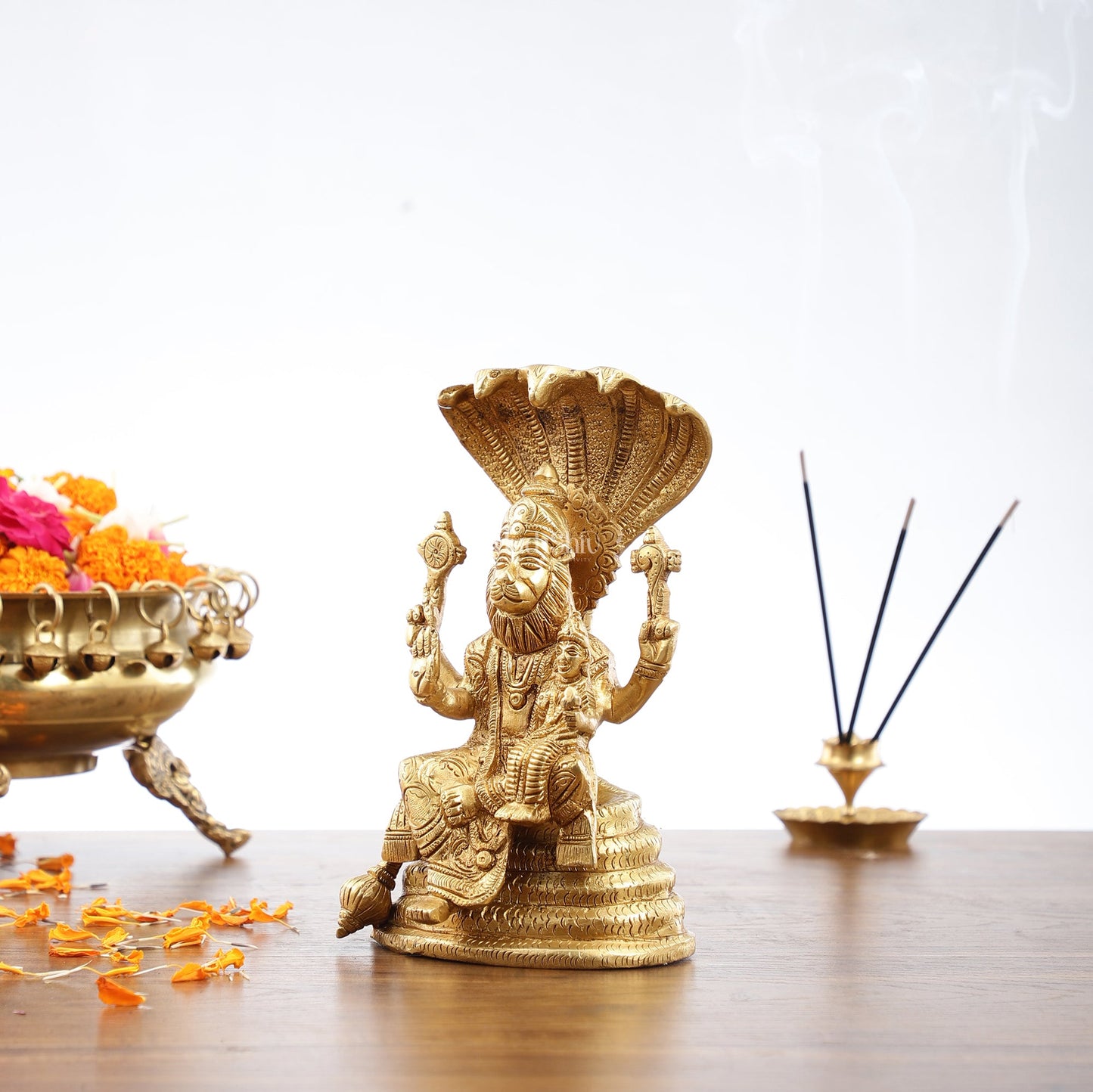 Handcrafted Pure Brass Narasimha Lakshmi Statue - 8 inch - Budhshiv.com