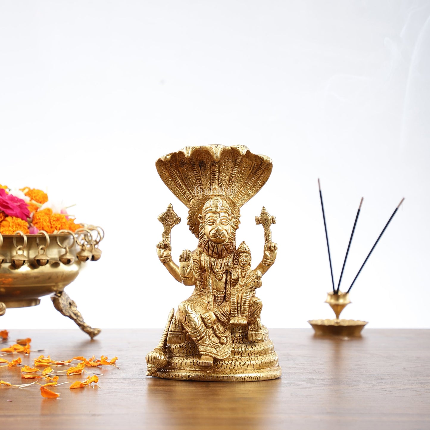 Handcrafted Pure Brass Narasimha Lakshmi Statue - 8 inch - Budhshiv.com