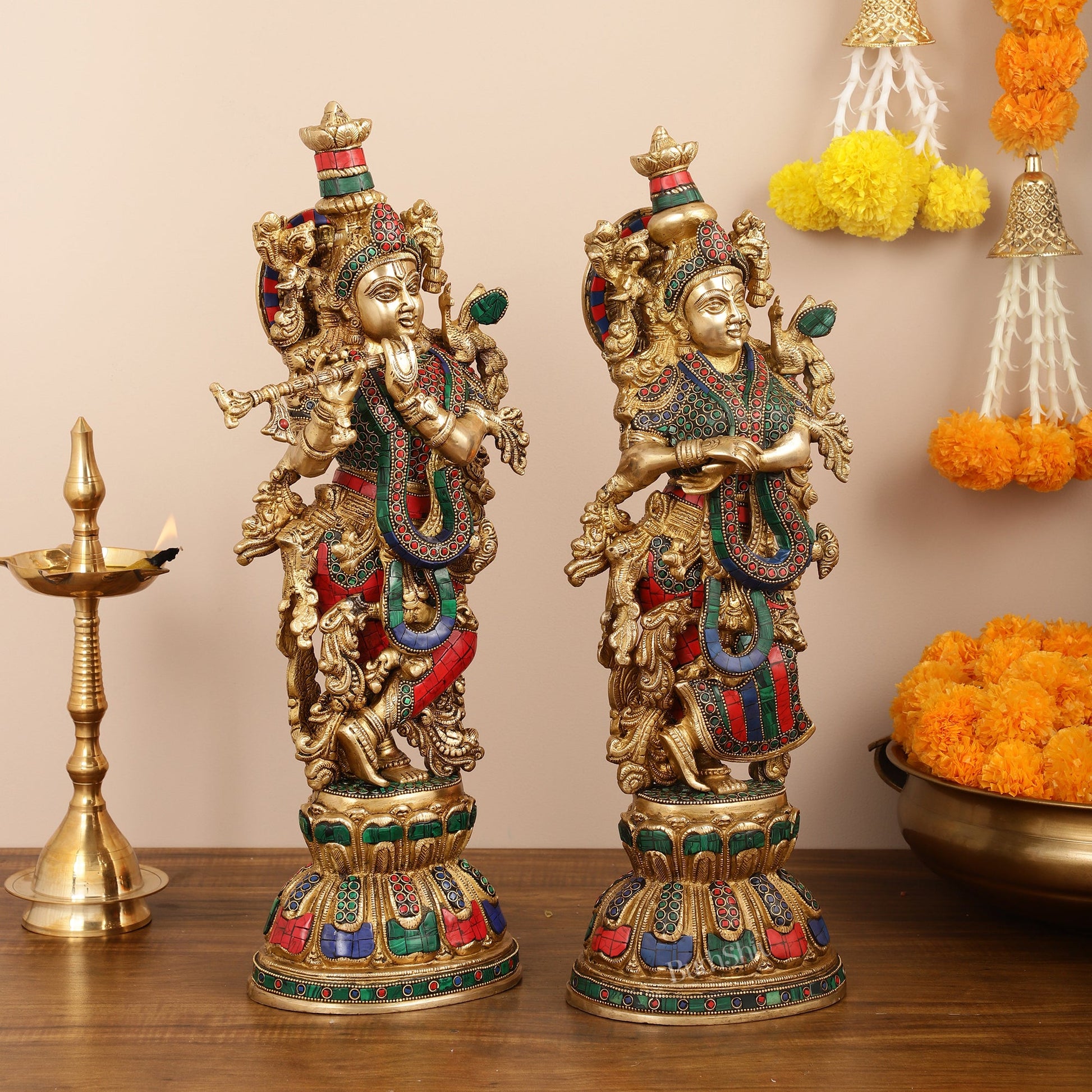 Handcrafted Pure Brass Radha Krishna Statues - 21" - Budhshiv.com