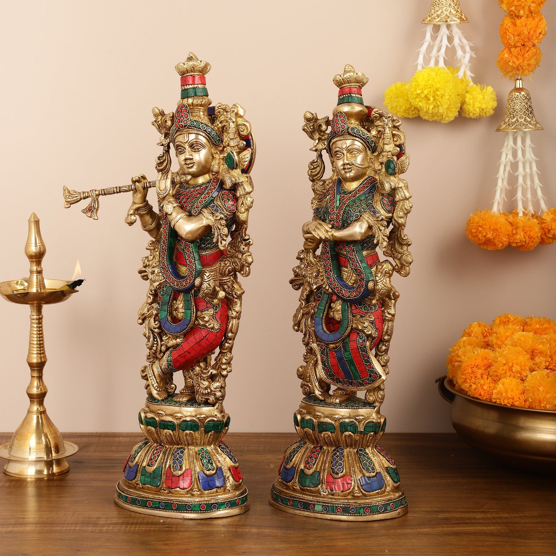 Handcrafted Pure Brass Radha Krishna Statues - 21" - Budhshiv.com