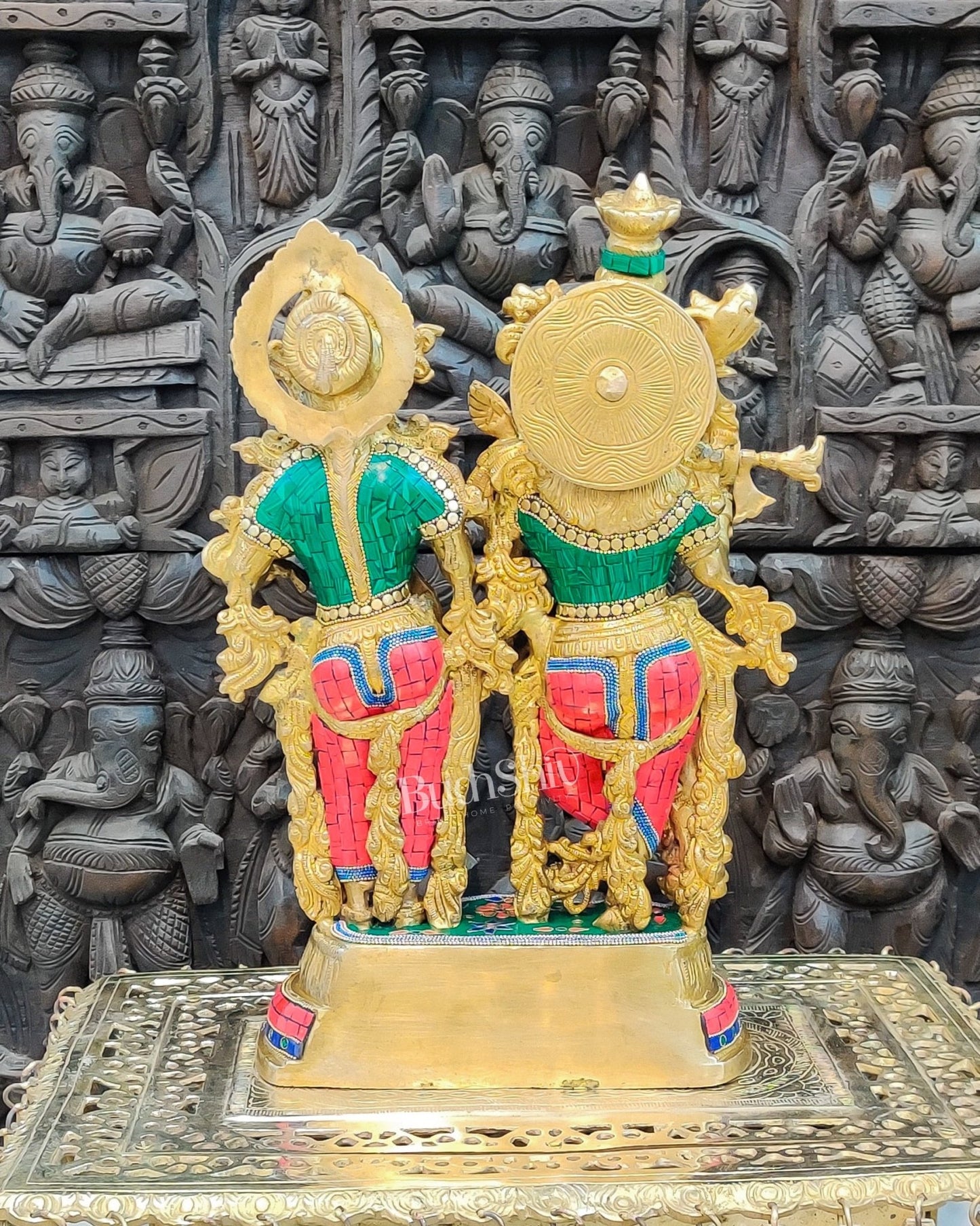 Handcrafted Radha Krishna Brass Idols | Engraved with Spectacular Stonework - Budhshiv.com