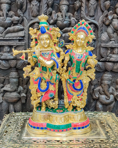 Handcrafted Radha Krishna Brass Idols | Engraved with Spectacular Stonework - Budhshiv.com
